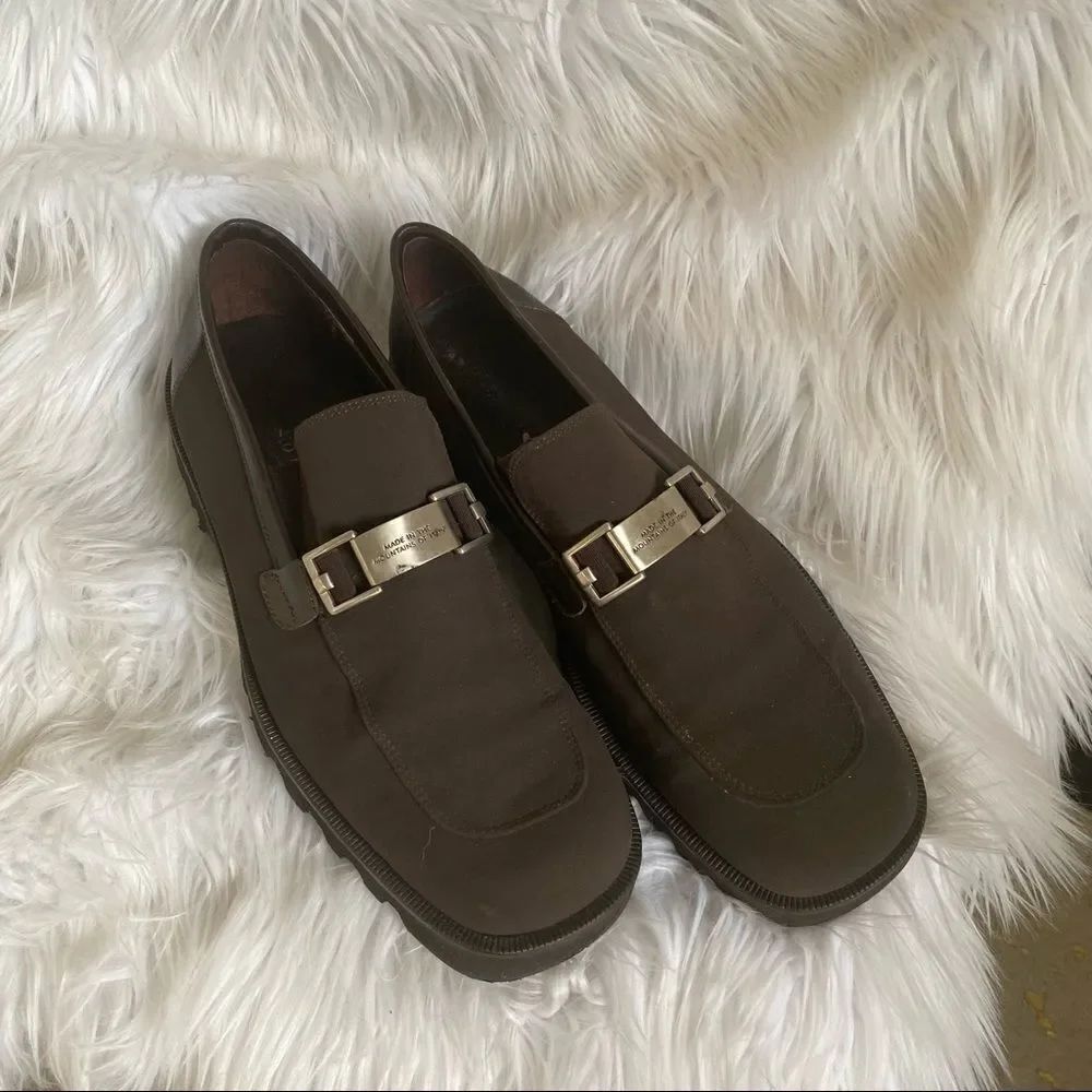 Donald J Pliner chocolate brown canvas leather combo made in Italy loafers 12